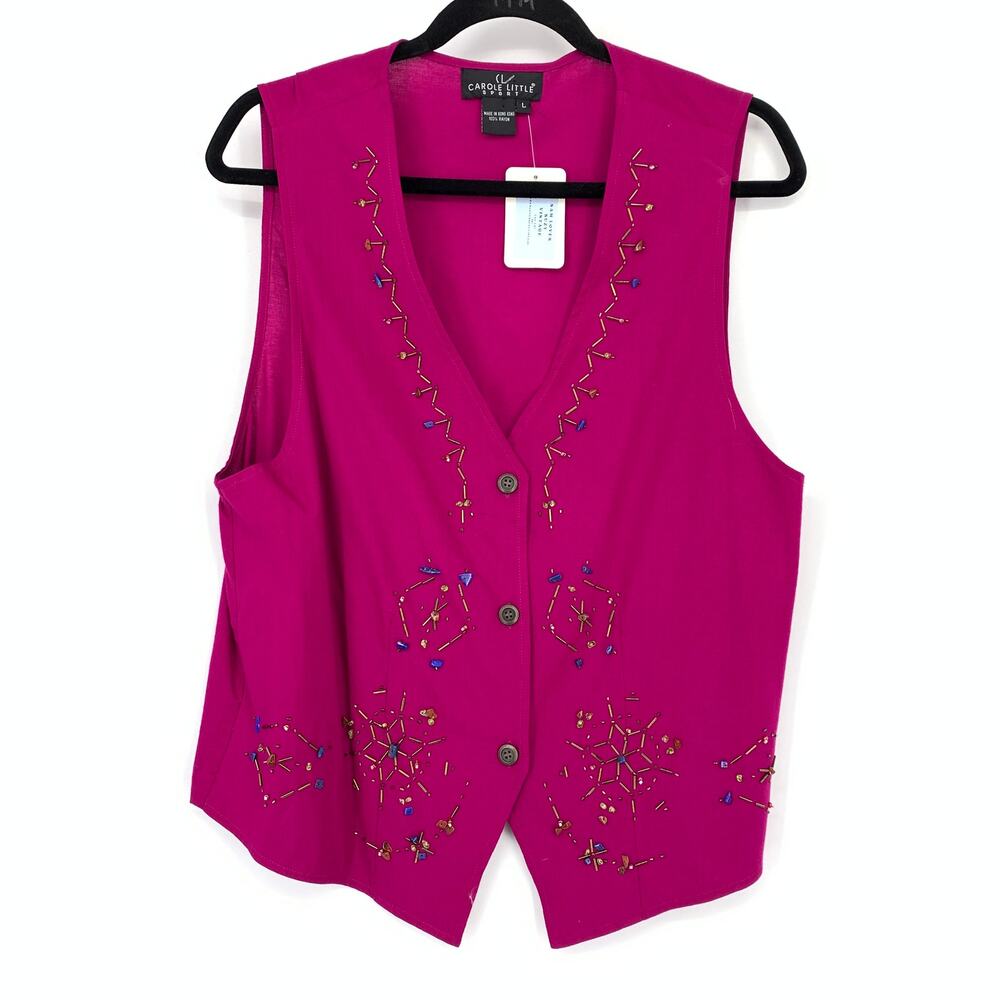 Vintage 90s Carole Little Sport Vest Womens Size Large Hot Pink Beaded Detail